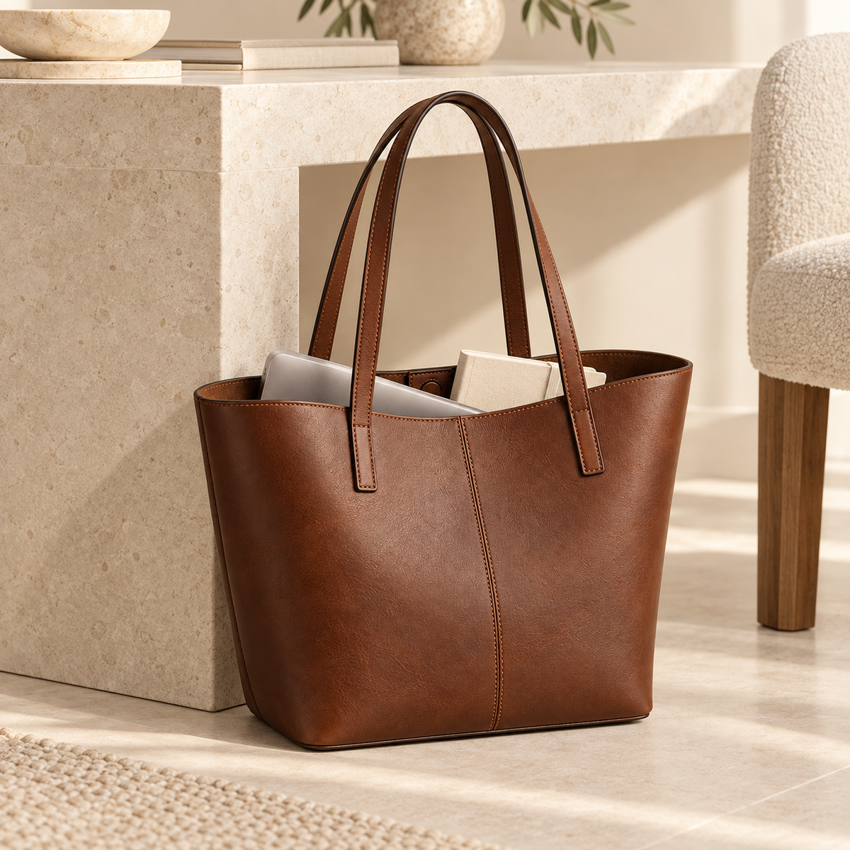 Linea Everyday Tote shown with a laptop and notebook for scale
