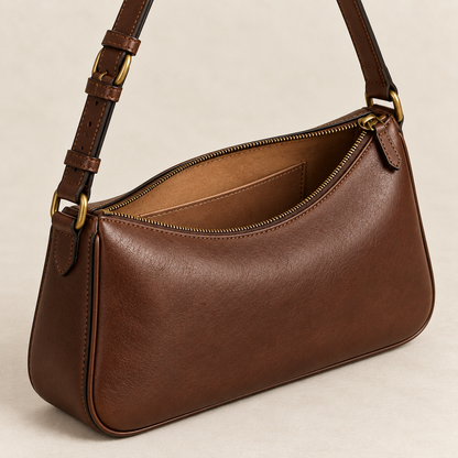 Open interior and hand-finished details of the Temper Shoulder Bag