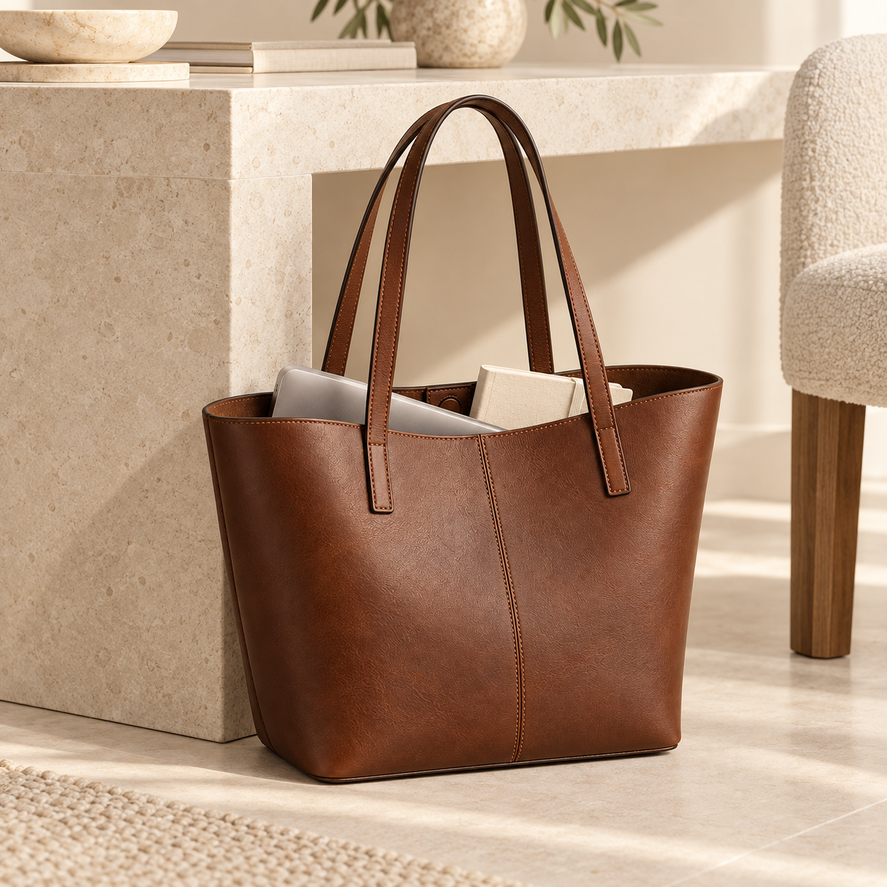 Linea Everyday Tote shown with a laptop and notebook for scale