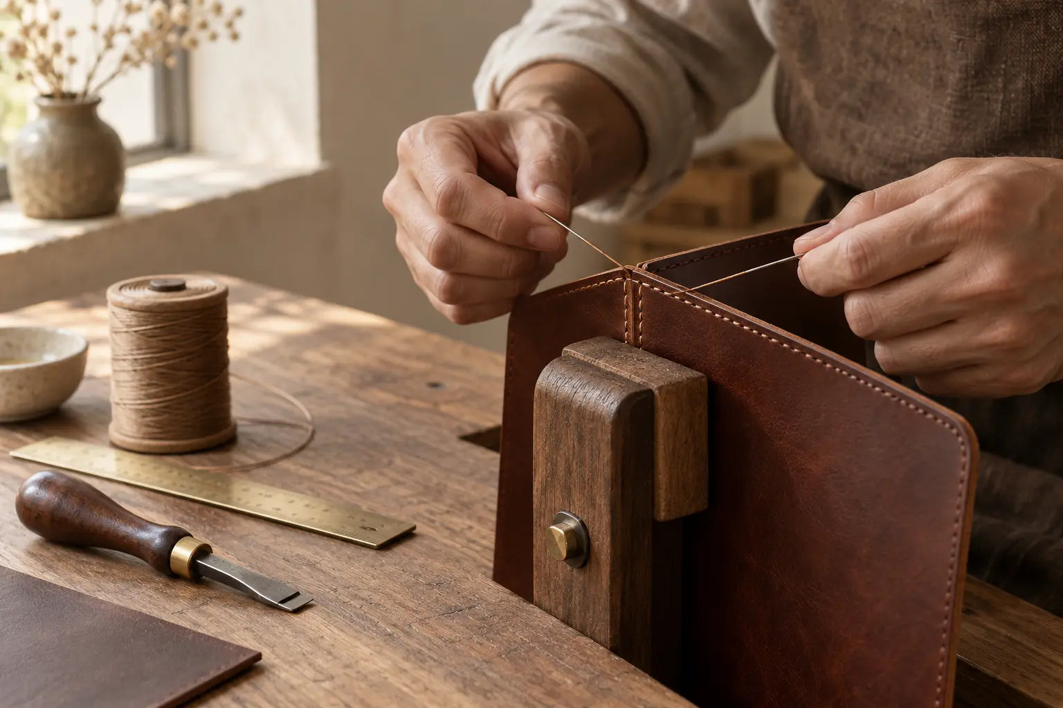 Leather artisan saddle stitching by hand